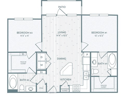 Floor plan for 2 beds, 2 baths, 998 sqft